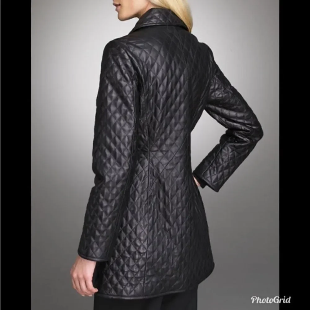 Neiman Marcus 100% Leather Quilted Button Front Collared Over Coat Medium - Picture 2 of 8